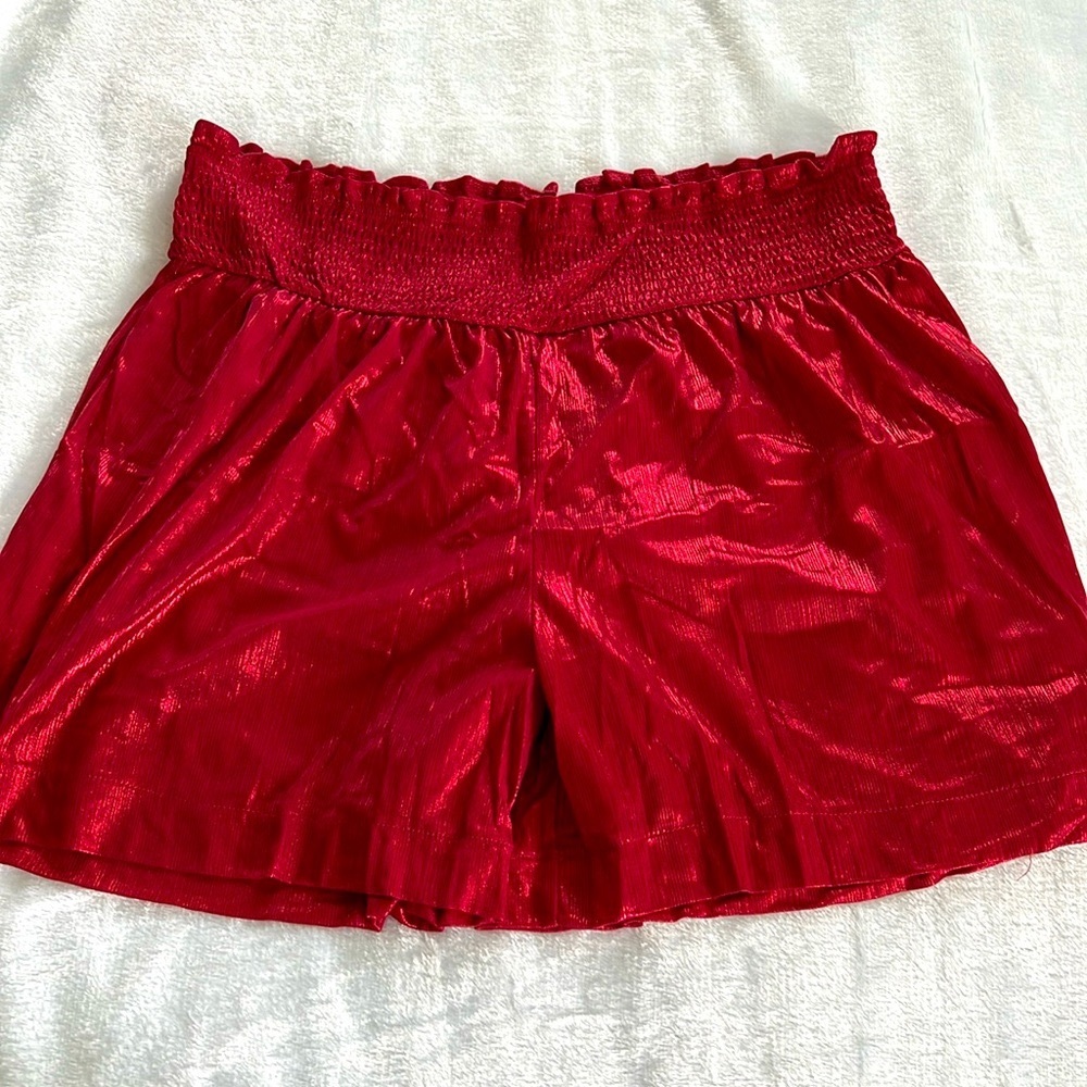 Red Women's Elastic Waist Metallic Shorts
